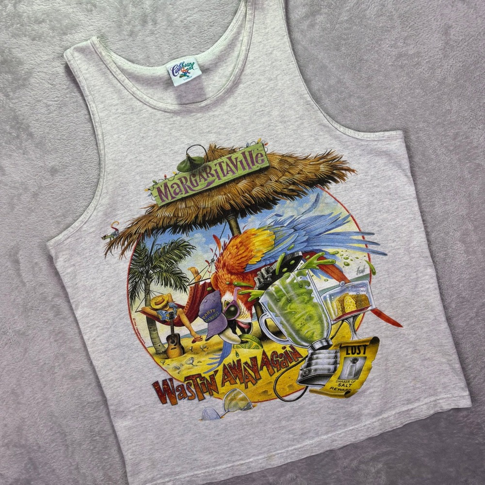 Vtg Caribbean Soul Mens Tank Top Sz L Gray 1996 Margaritaville Wastin Away Again